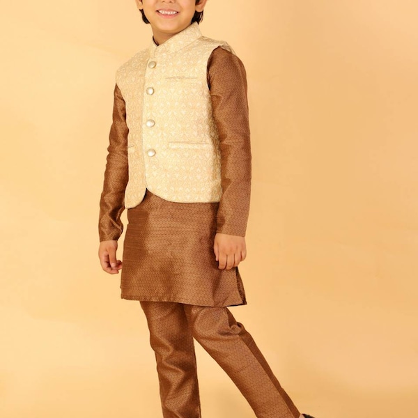 Indian sherwani and Pant, Traditonal kids wear,boys  cotton kurta with jacket, toddler kids kurta pant set, brown kurta jacket set