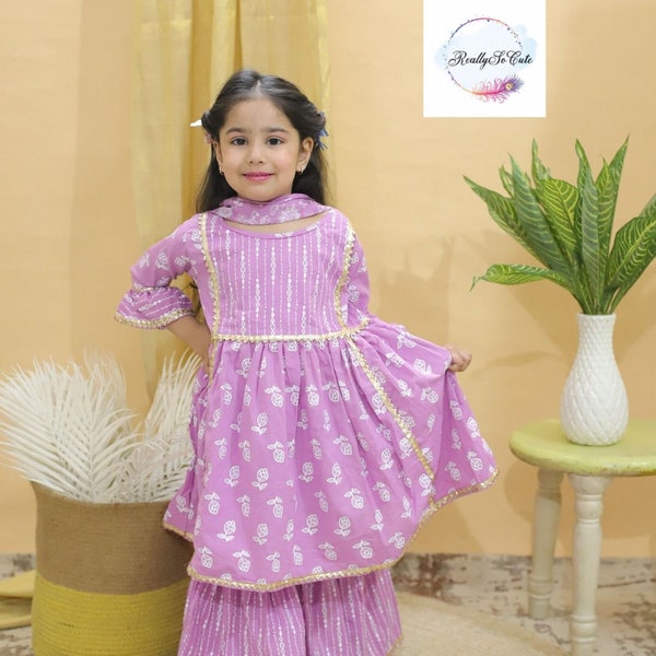 Indian Salwar Suit/  cotton sharara kurta  set/ toddler indian baby girls set, traditional dress set, kids salwar kameez, sibling set ethnic