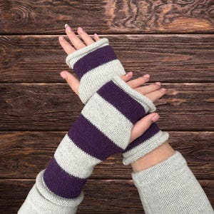Alpaca Wool Fingerless Gloves: Striped Knit Arm Warmers, Made in UK