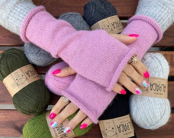 Dames 100% Alpaca Vingerloze handschoenen Gebreide armwarmers Polswarmers Lange armwarmers Smshandschoenen Gebreide accessoires Handgemaakt in Groot-Brittannië