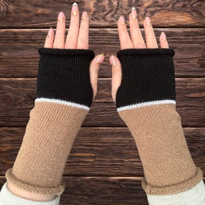 Alpaca Wool Fingerless Gloves: Striped Knit Arm Warmers, Made in UK