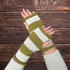 Alpaca Wool Knitted Fingerless Gloves: Striped Arm Warmers, Made in UK