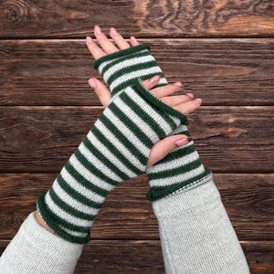 Alpaca Wool Fingerless Gloves: Striped Knit Arm Warmers, Made in UK