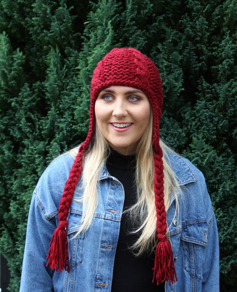 Burgundy Chunky Knit Women/'s hat Winter knit hat Trapper hat Aviator hat Ear Flap hat Beanie hat Fall accessories Knit accessories UK Shop