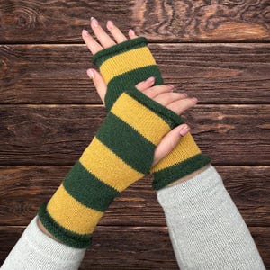 Alpaca Wool Fingerless Gloves: Striped Knit Arm Warmers, Made in UK