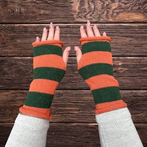 Alpaca Wool Knitted Fingerless Gloves: Striped Arm Warmers, Made in UK