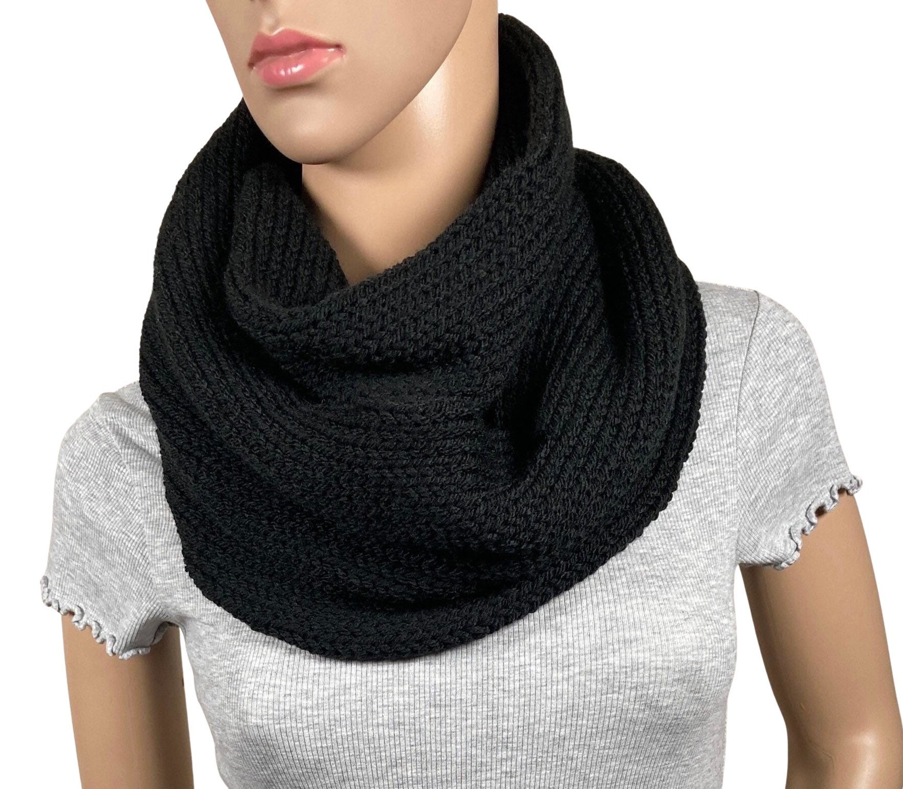 Women's Black Infinity Scarf Men's Knitted Scarf - Etsy