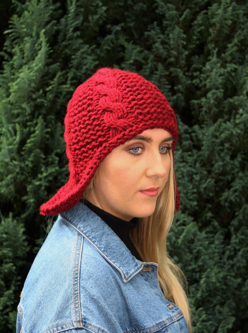 Burgundy Chunky Knit Women/'s hat Winter knit hat Trapper hat Aviator hat Ear Flap hat Beanie hat Fall accessories Knit accessories UK Shop