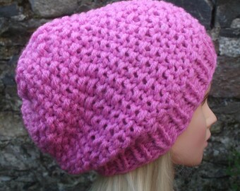 Pink hat- Hand Knit Hat- Womens Hat -Slouchy -Beanie hat- pink- chunky knit winter hat- Womens Accessories Knit Accessories