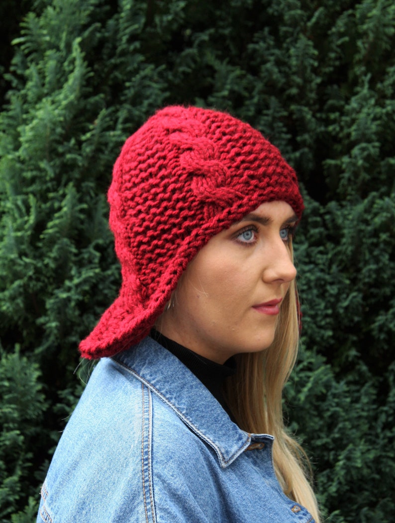 Burgundy Chunky Knit Women/'s hat Winter knit hat Trapper hat Aviator hat Ear Flap hat Beanie hat Fall accessories Knit accessories UK Shop