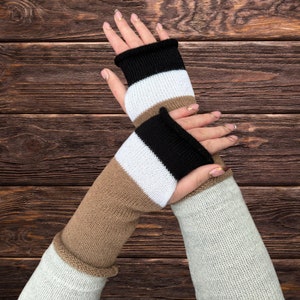 Handmade Alpaca Fingerless Gloves: Almond, White & Black Knit Wrist Warmers