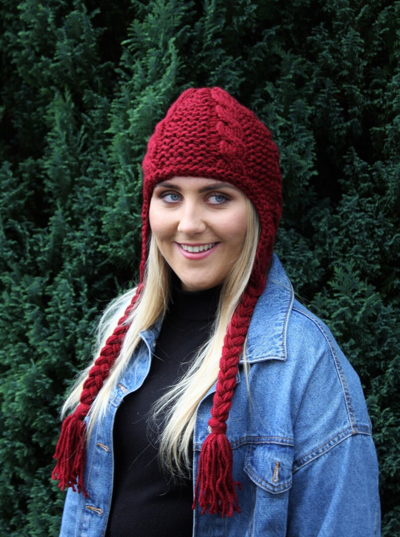 Burgundy Chunky Knit Women/'s hat Winter knit hat Trapper hat Aviator hat Ear Flap hat Beanie hat Fall accessories Knit accessories UK Shop