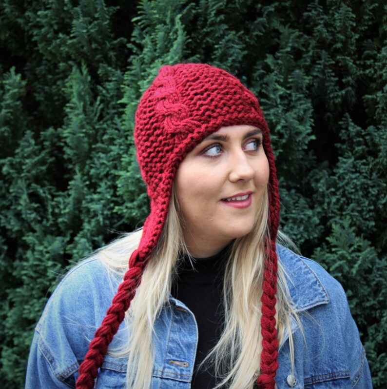 Burgundy Chunky Knit Women/'s hat Winter knit hat Trapper hat Aviator hat Ear Flap hat Beanie hat Fall accessories Knit accessories UK Shop
