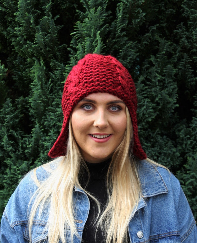 Burgundy Chunky Knit Women/'s hat Winter knit hat Trapper hat Aviator hat Ear Flap hat Beanie hat Fall accessories Knit accessories UK Shop