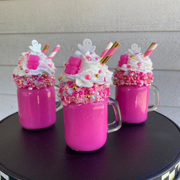 Mini hot pink Halloween fake milkshake mug for Tiered Trays, Photo Prop, Halloween Party Decor