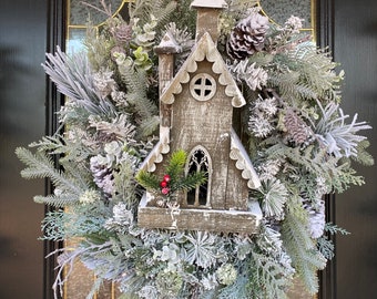 Flocked rustic wood church wreath for front door, Winter farmhouse church wreath, Holiday church wall decor