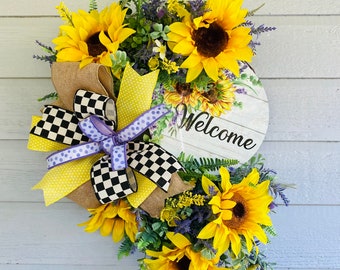 Everyday sunflower wreath, Everyday floral welcome wreath, Sunflower and Lavender decor, Wreath for front door