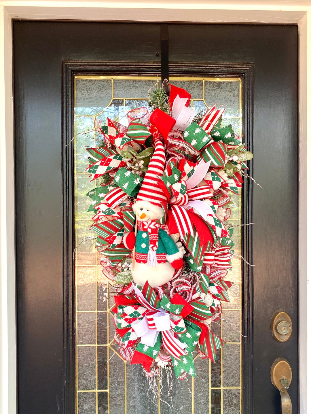 Christmas Snowman Swag for Front Door, Red and Emerald Green Snowman ...