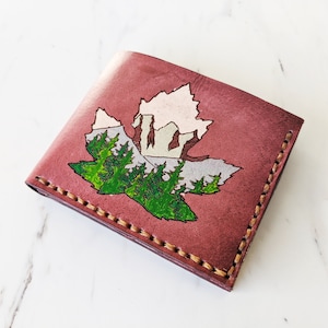 Maple Leaf Canada Mountain wallet Men's Leather wallet Banff Canmore Three Sisters Bifold wallet Unique gift for him Handmade image 1