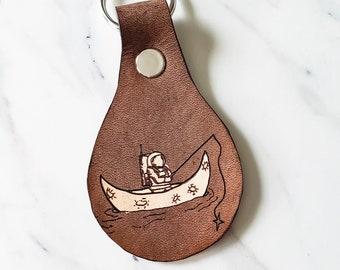 Astronaut Fishing Keychain - Custom leather Keychain - Space themed key fob - Birthday gift for him - Handmade