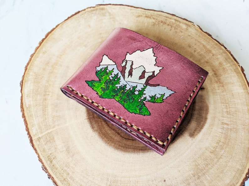 Maple Leaf Canada Mountain wallet Men's Leather wallet Banff Canmore Three Sisters Bifold wallet Unique gift for him Handmade image 10