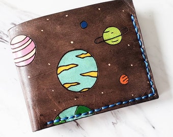 Planets wallet - Men's Leather wallet - Space wallet - Personalized wallet - Bifold wallet - Unique gift for him - Groomsmen gift - Handmade