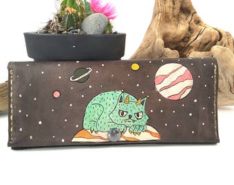 Space Cat wallet - Women's Leather wallet - Personalized wallet - Unique gift for her - Bachelorette gift - Custom Handmade