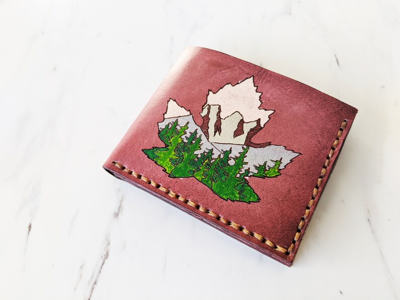 Maple Leaf Canada Mountain wallet Men's Leather wallet Banff Canmore Three Sisters Bifold wallet Unique gift for him Handmade image 1