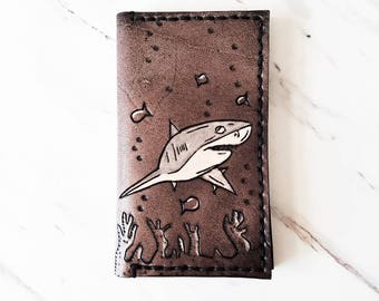 Leather Great White Shark wallet - Personalized Minimalist wallet-  Unique gift for him - Groomsmen gift - Handmade