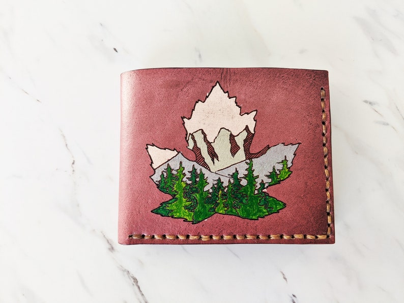 Maple Leaf Canada Mountain wallet Men's Leather wallet Banff Canmore Three Sisters Bifold wallet Unique gift for him Handmade image 5