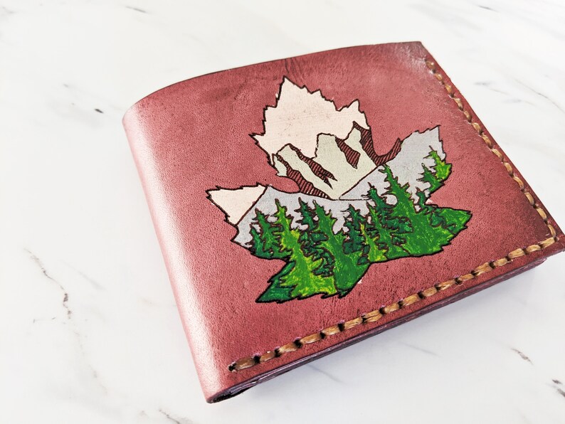 Maple Leaf Canada Mountain wallet Men's Leather wallet Banff Canmore Three Sisters Bifold wallet Unique gift for him Handmade image 4