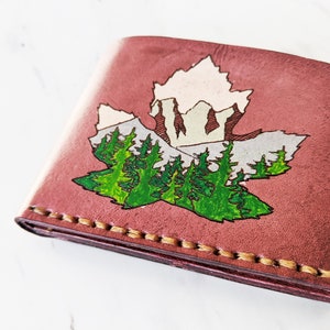 Maple Leaf Canada Mountain wallet Men's Leather wallet Banff Canmore Three Sisters Bifold wallet Unique gift for him Handmade image 2