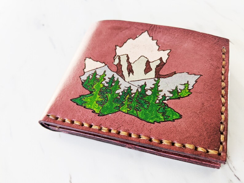 Maple Leaf Canada Mountain wallet Men's Leather wallet Banff Canmore Three Sisters Bifold wallet Unique gift for him Handmade image 2