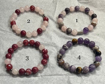 Cherry Red Fire Agate, Rose Quartz, Dogtooth Amethyst Bracelet Magnetic or Elastic Gemstone Beads