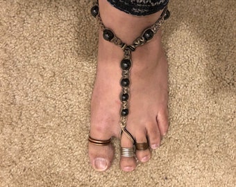 Hemp and Magnetic Hematite Barefoot Sandal Anklet Custom Made adjustable Boho Unisex Men Women