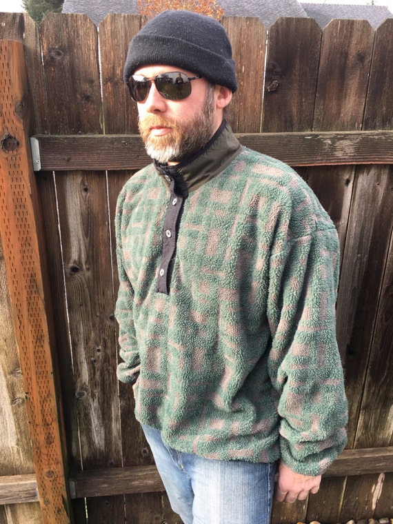 1990's Vintage Green Geometric Checkered Deep Pile