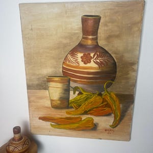 Vitage Hand Painted Still Life  Mexican Pottery on Canvas Signed Judy Petty 1974