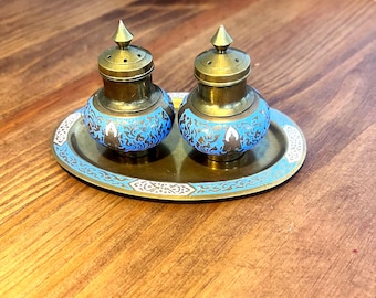 Enamel and Brass Salt & Pepper Shakers with Oval Tray