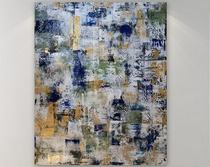 7.5 ft x 6.5 ft Large abstract painting/ gold, navy blue, black, white and sage green