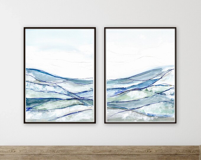 NEW minimal blue  landscape print, set of two, abstract print, blue and white, abstract landscape print farmhouse style wall decore