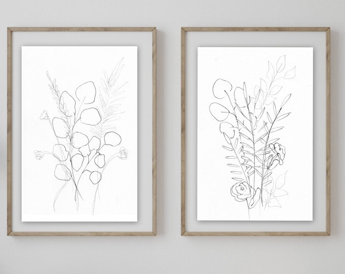 NEW black sketch botanical print set leaves and eucalyptus prints giclee' prints hand drawn from artist, signed prints, marcy chapman,