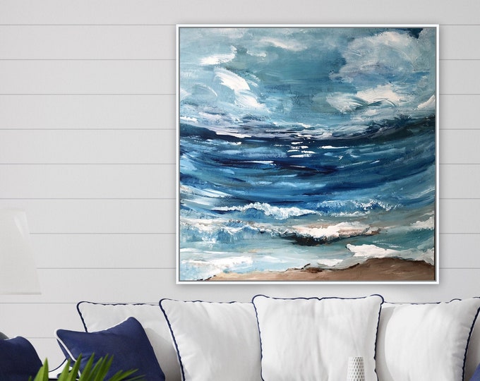 XL ocean nautical wall art, original painting by Marcy Chapman ready to hang, blue seascape abstract contemporary art, farmhouse style sea