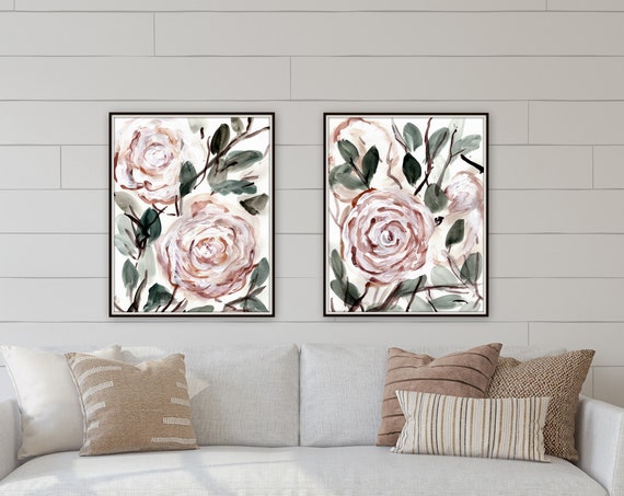 Botanical, blush pink floral farmhouse prints by Marcy Chapman, original prints by the artist, mixed media painting, floral wall art modern