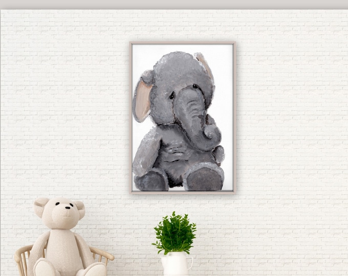 Elephant nursery art, kids room decor, cute elephant, painting, original print  kids room, baby room decor, stuffed animal print, MECart
