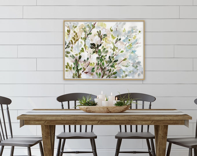 Farmhouse style floral art print, blue and light pink fowers, tree branches, pretty print, kitchen, dining, living, edrrom wall decor