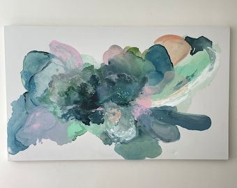 Large Abstract Fluid Painting, Pink Explosion, 36x60 Canvas