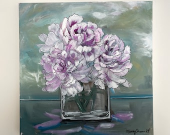 Titled "Patience" Original acrylic painting of Peonies in vase by Marcy Chapman