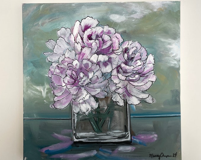 Titled "Patience" Original acrylic painting of Peonies in vase by Marcy Chapman