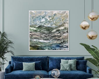 Large 36 x 36 Acrylic landscape painting, contemporary modern farmhouse original painting Marcy Chapman Stretched canvas wall art blue ivory