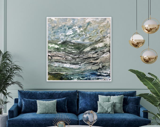 Large 36 x 36 Acrylic landscape painting, contemporary modern farmhouse original painting Marcy Chapman Stretched canvas wall art blue ivory